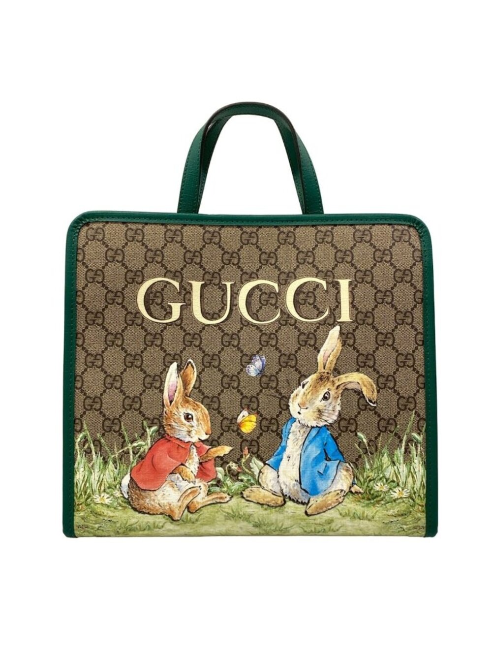 Gucci Tote Bag Children's GG Print Light Brown Green Multi Peter Rabbit Leather